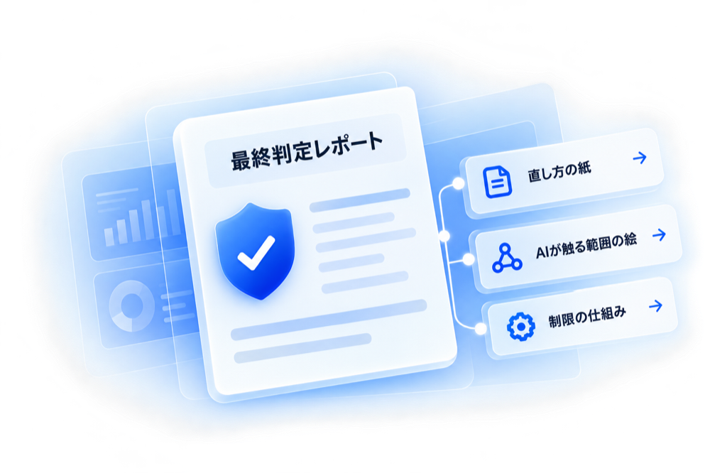 最終判定書と、直し方の紙・AIが触る範囲の絵を受け取る様子